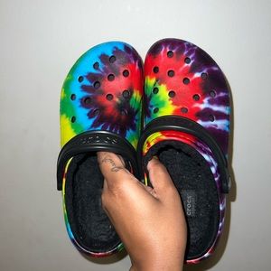 Tie dye fur crocs
